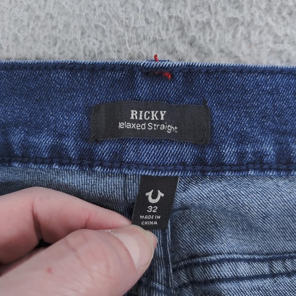 True Religion Ricky Relax Straight Jeans Mens 32x34 Blue Flap Pocket Stretch NWT - Picture 10 of 16